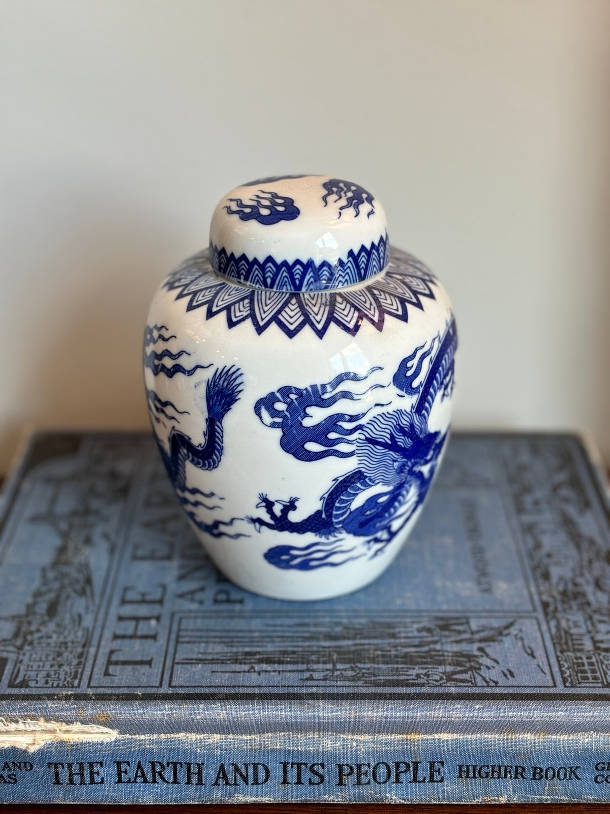 Blue and white dragon ginger jar, vintage, Chinese porcelain, chinoiserie, grand