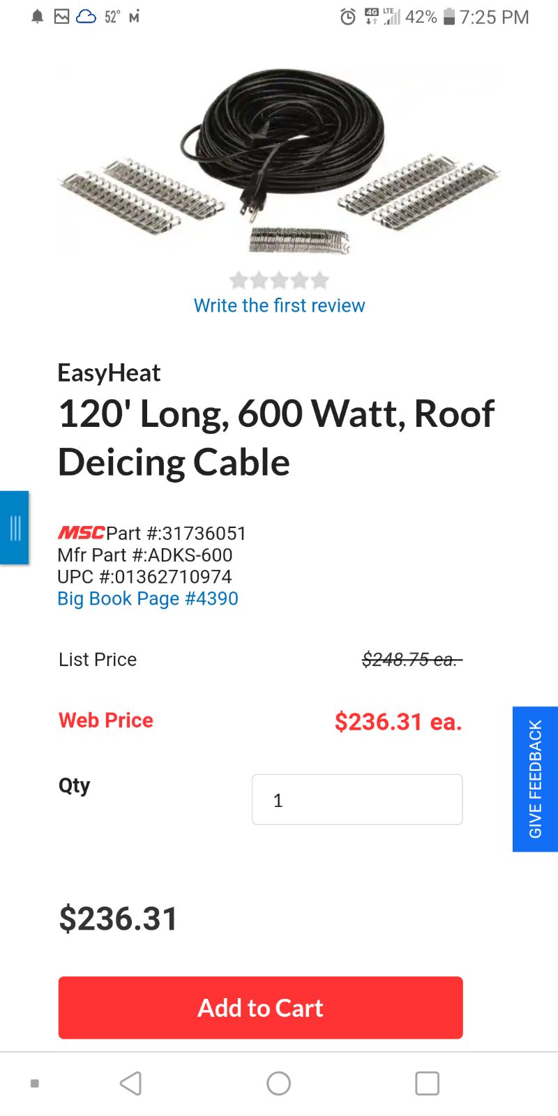 roof de-ice cable 120ft