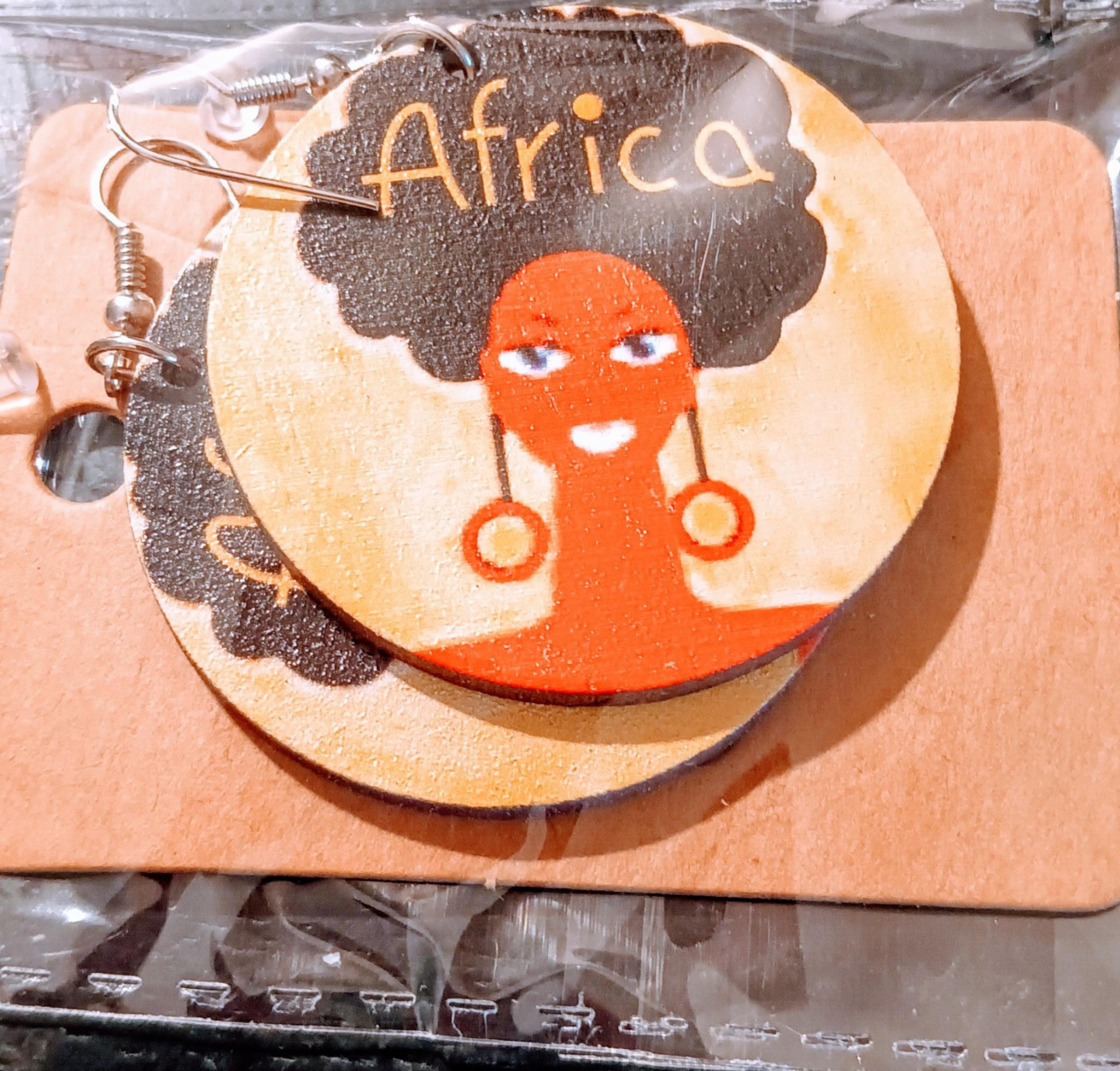 New African Women with a Afro &  her  earrings hand painted wooden Earrings.