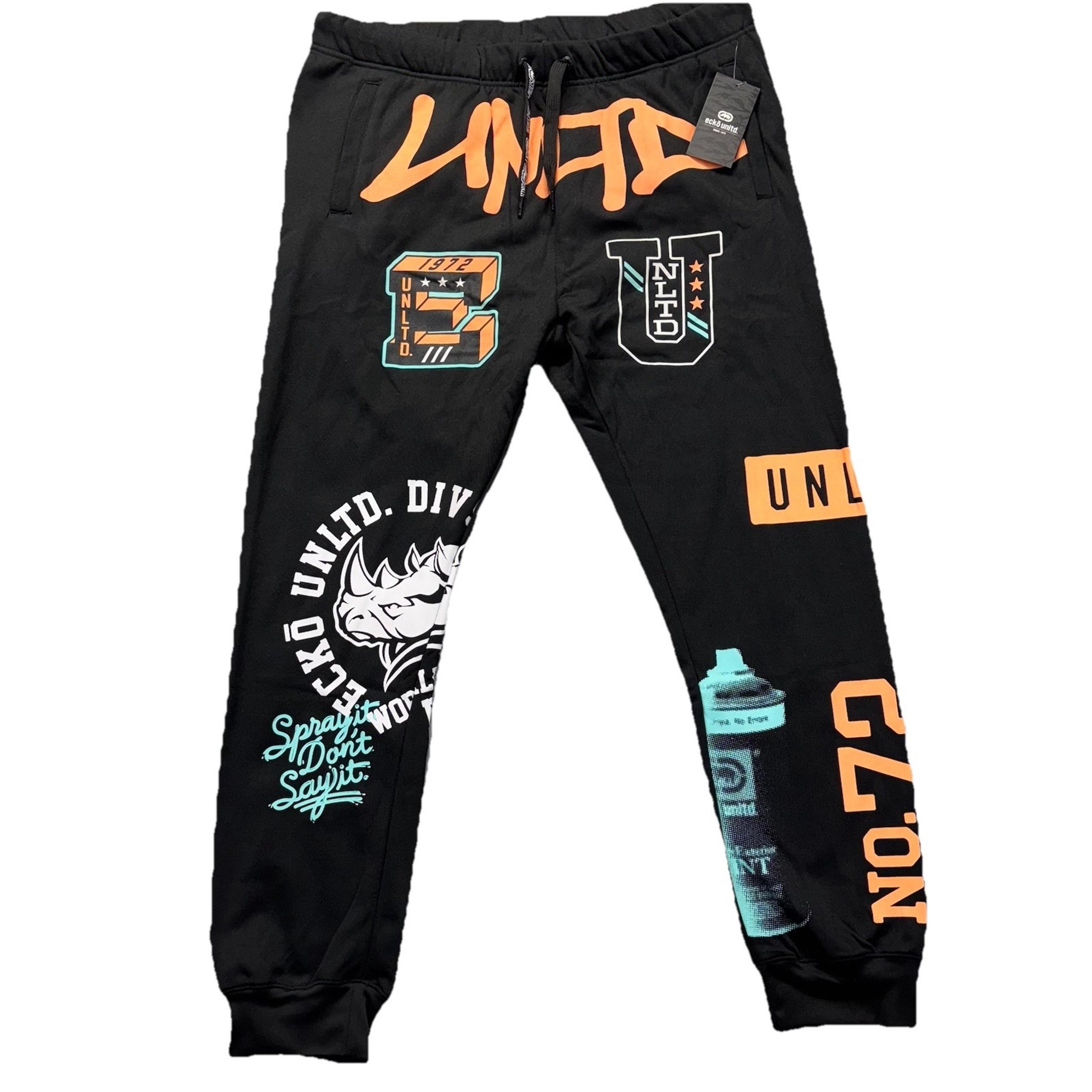 Ecko Unltd Joggers Mens XL Spray Paint Black Sweatpants Spellout Grafitti NWT