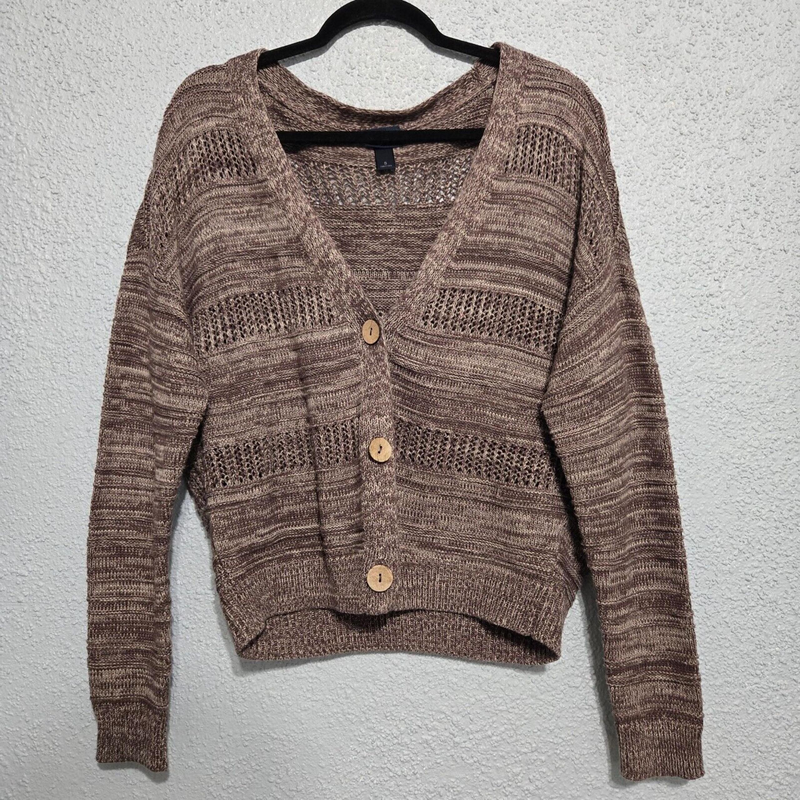 Daytrip Womens Brown Striped Knit Button Up Cardigan Sweater Size S Neutral Boho