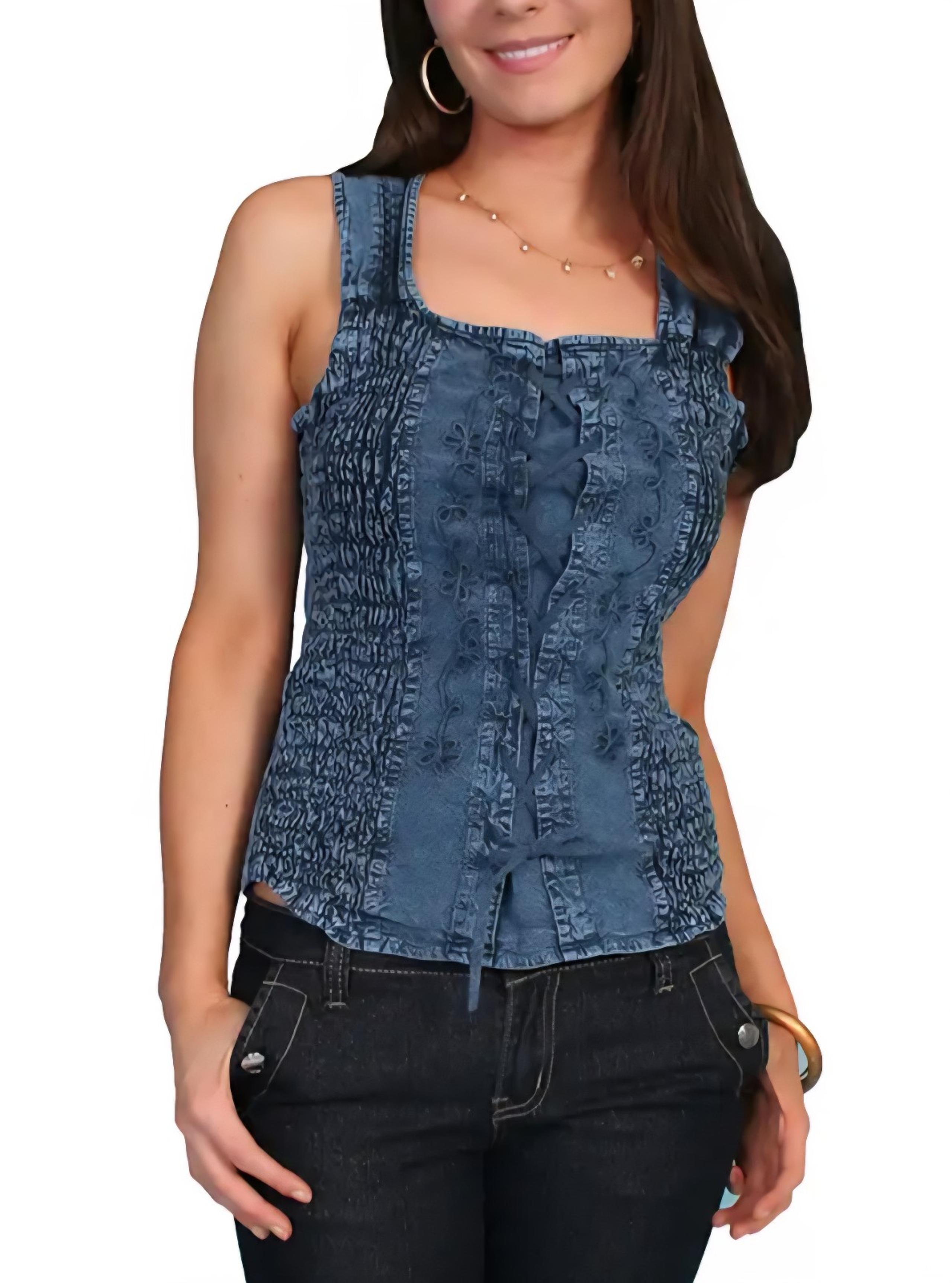 Women's Scully Cantina Tank Top Blouse Medium 
Blue Western Smocked Corset Denim