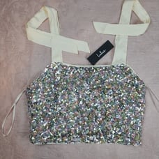 Lulu's Women's Cream Sequin Show Stopper Sparkle Tie Strap Crop Top Size Medium