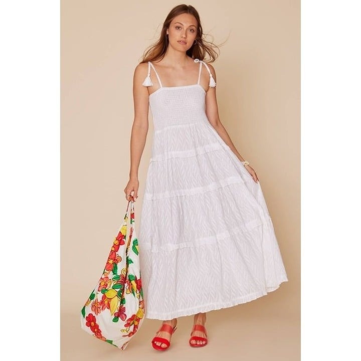 Dianora White Smocked Jacquard Strap Maxi Dress Large