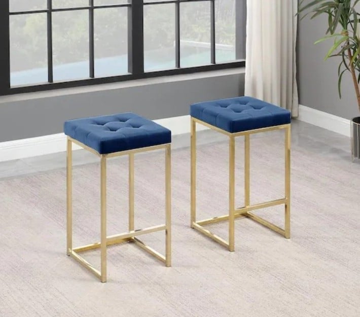 Jersey 26.5 in. H Navy Velvet Counter Height Stool in Gold (Set of 2)