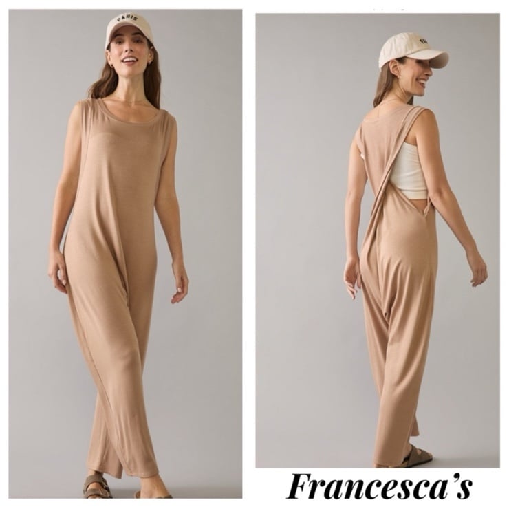 New Francesca's Martha Lounge Sleeveless Tan Jumpsuit
