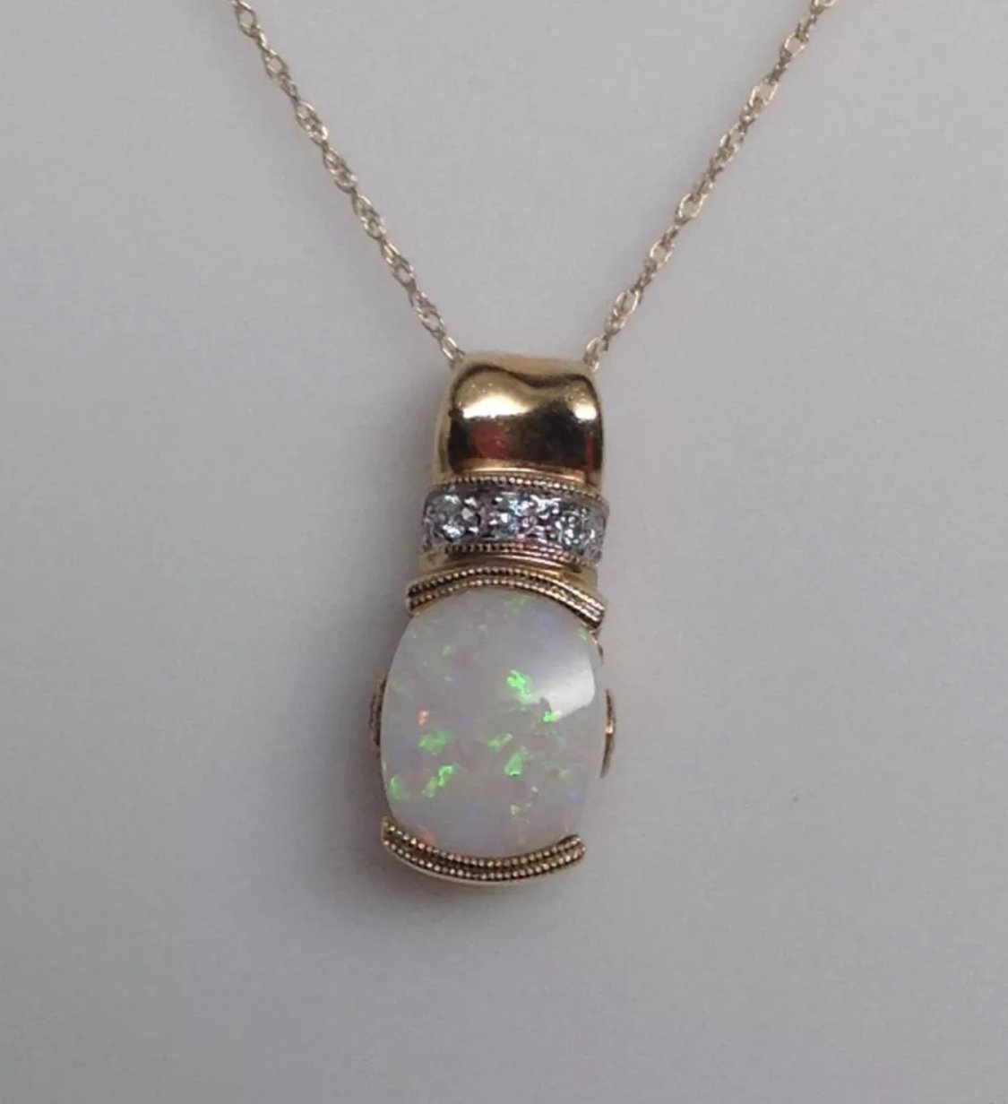 14K Yellow Gold Bezel Set Opal Pendant with Pink Tourmaline and Diamond Bail New