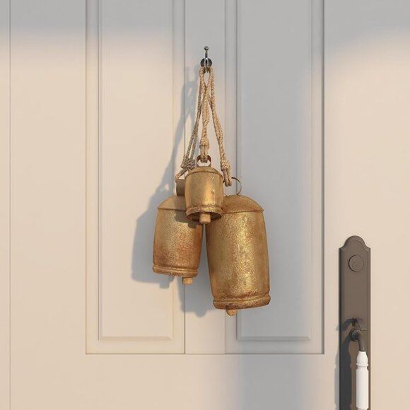 New Set of 3 Gold Metal Decorative Cow Bells, Tibetan Inspired with Jute Rope