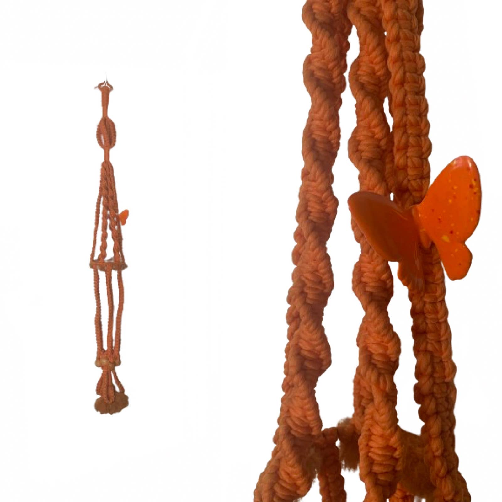 Orange Macrame Double Plant Hanger // Mid Century 1970s Boho Hippie