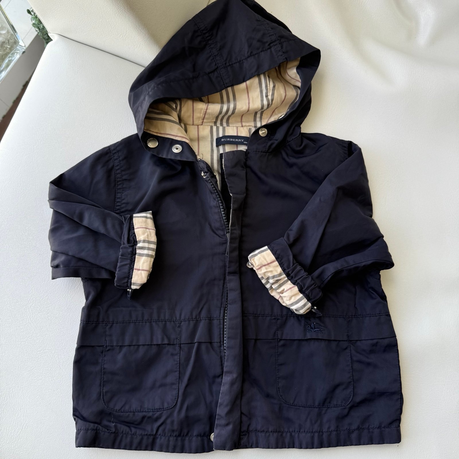 Baby kid vest jacket raincoat 12/18 months Burberry hood zip blue