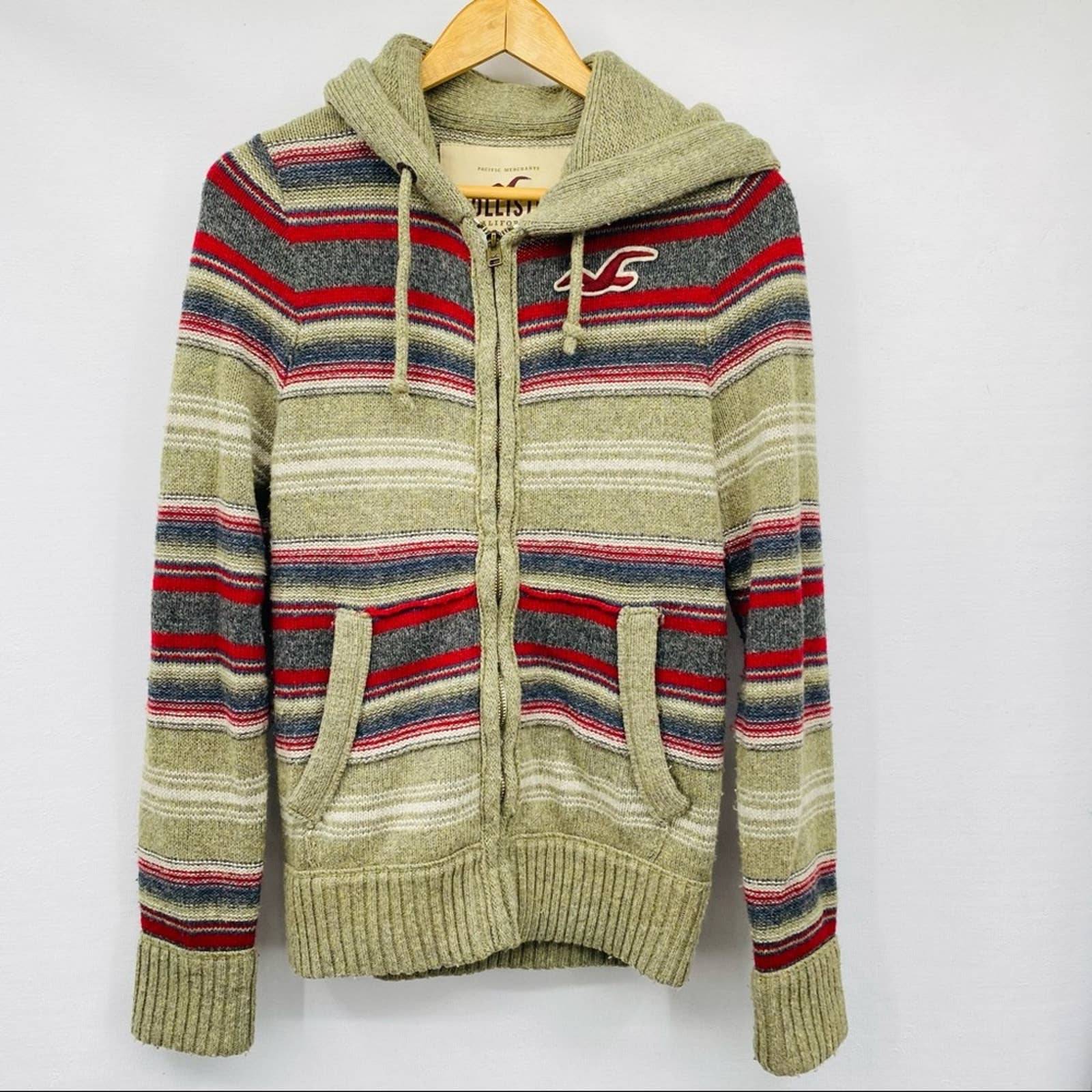 Hollister Wool Blend Striped Hooded Zip Up Sweater