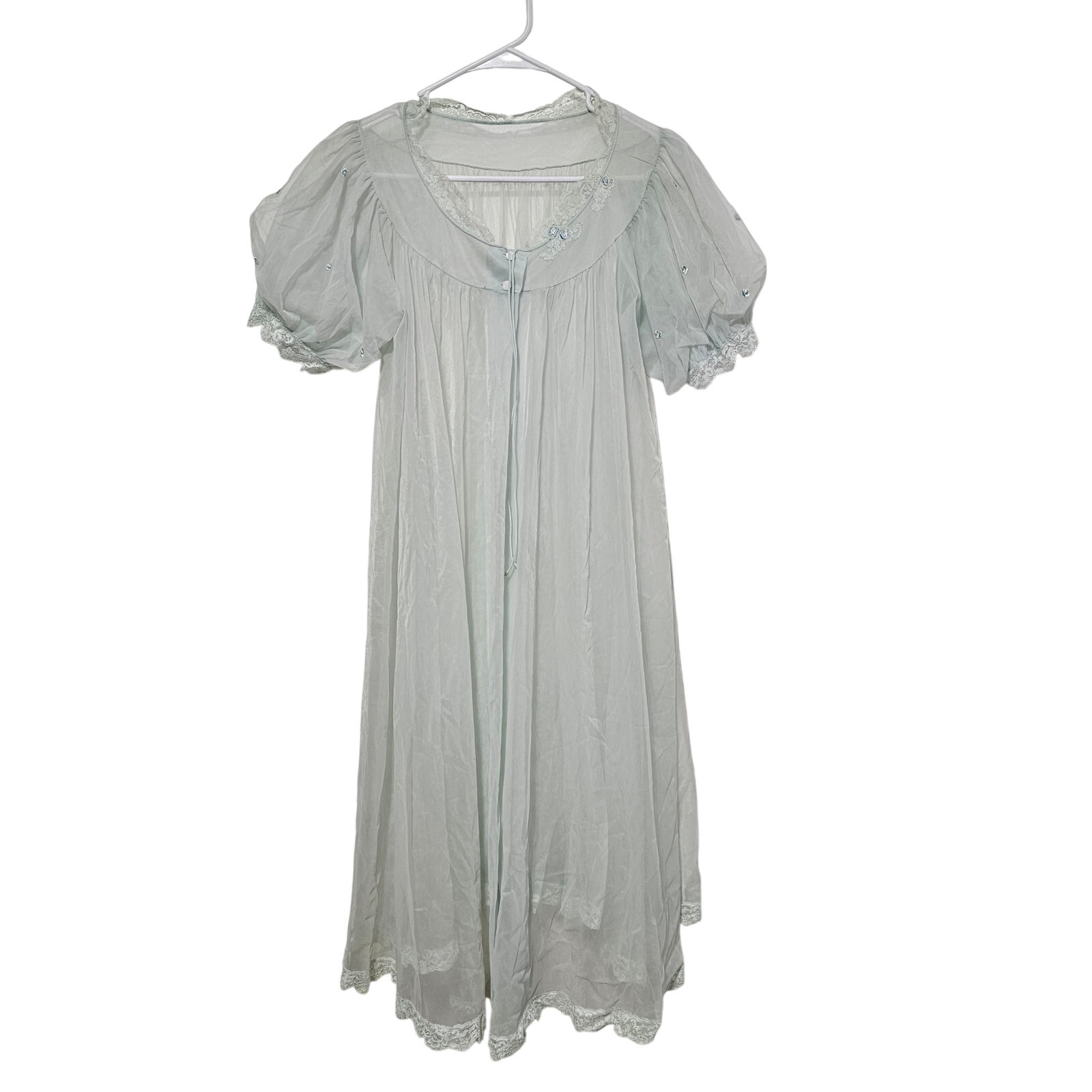 VTG Shadowline Light Blue Flowing Puff Sleeve Lacel Nightgown Peignoir Size S