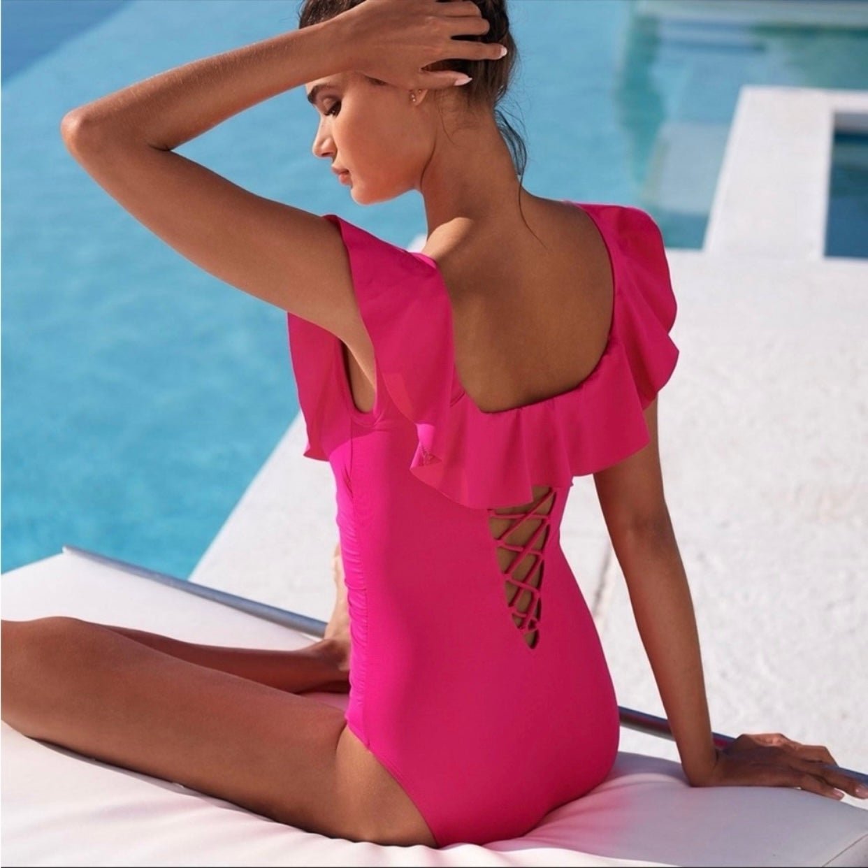 La Blanca Gin Off The Shoulder Goddess Ruffle Lace-Up Back One Piece Swimsuit 8