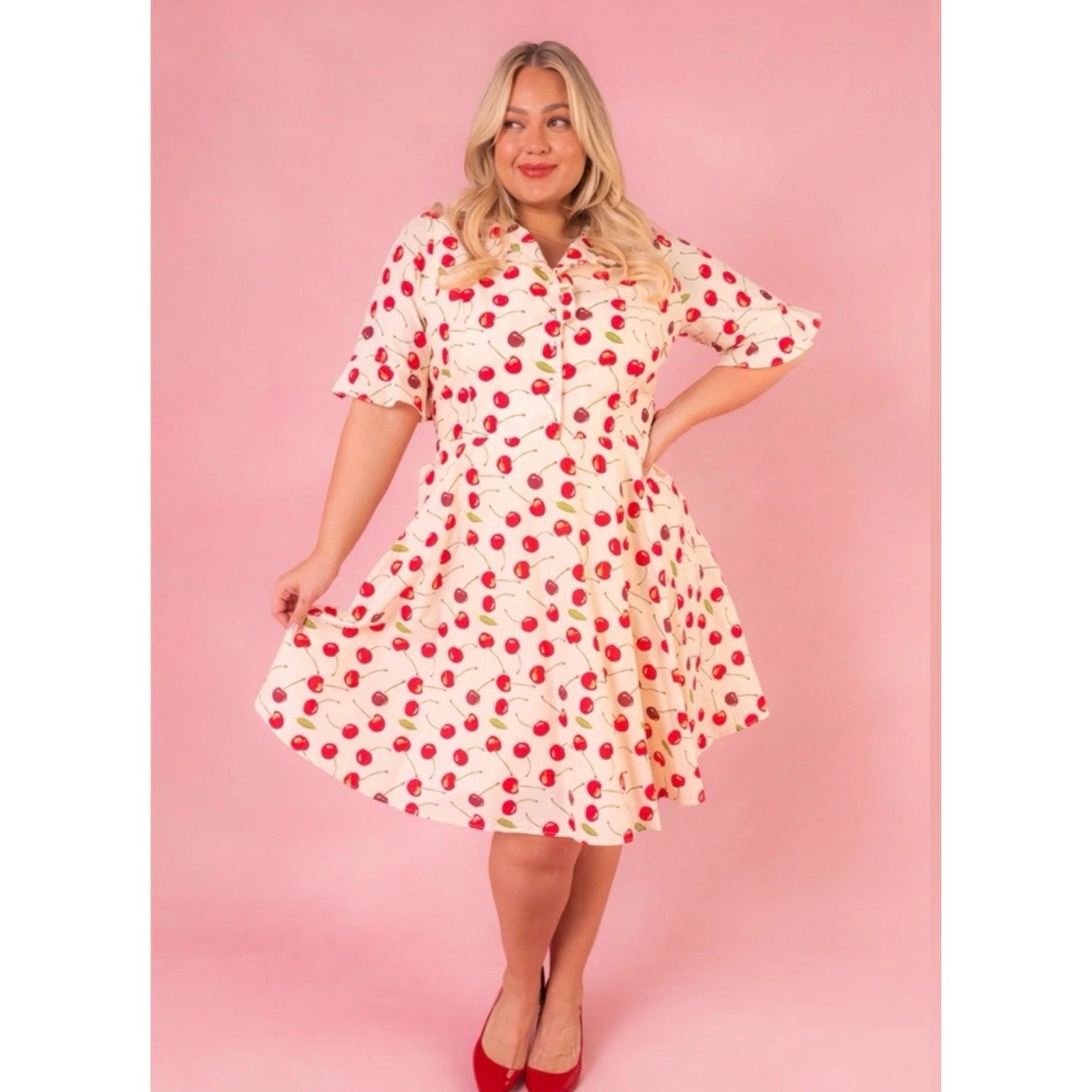 NWT Ivy City Co June Cherry Print Ruffle Collar Cotton Pinup Dress