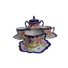Vintage Nippon Flow Blue Floral Covered Sugar Bowl 3 Sets If Demitasse Cups...