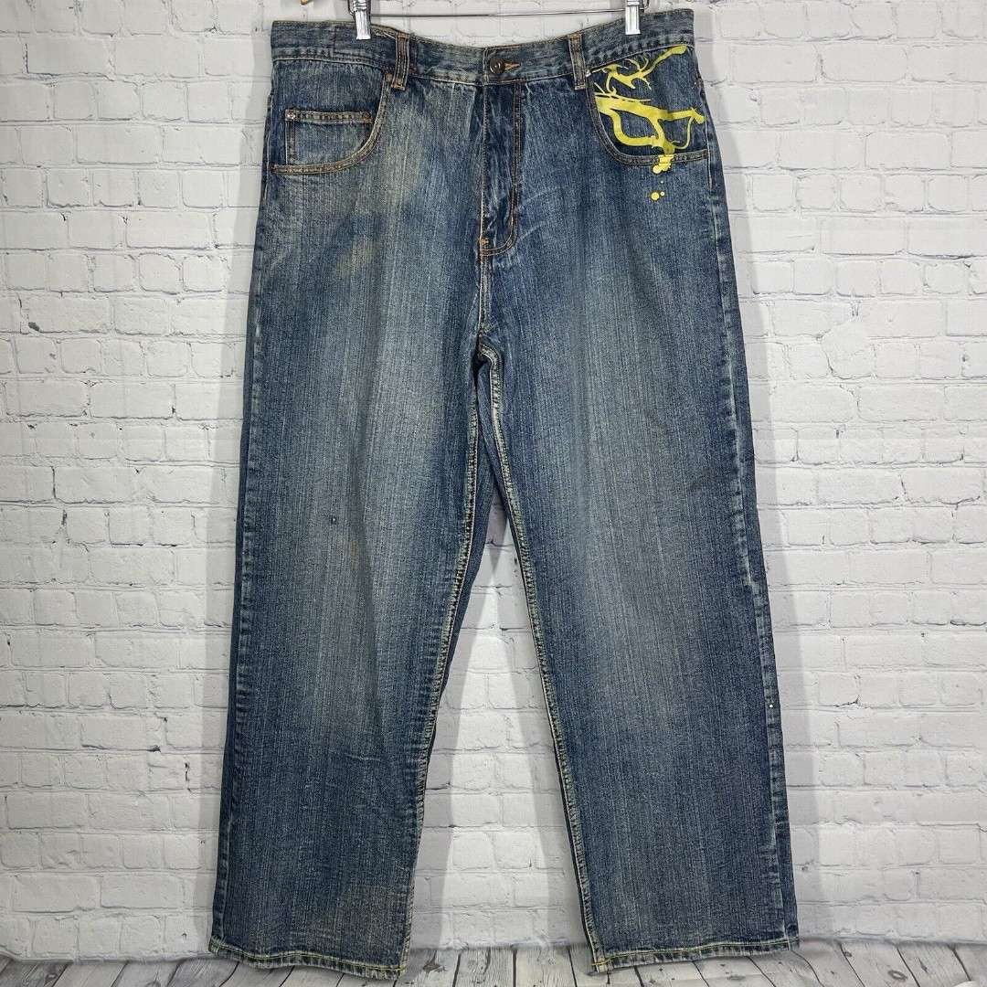 Vintage Request Denim Jeans Baggy Embroidery Mens 40X34 Blue Y2K 90’s