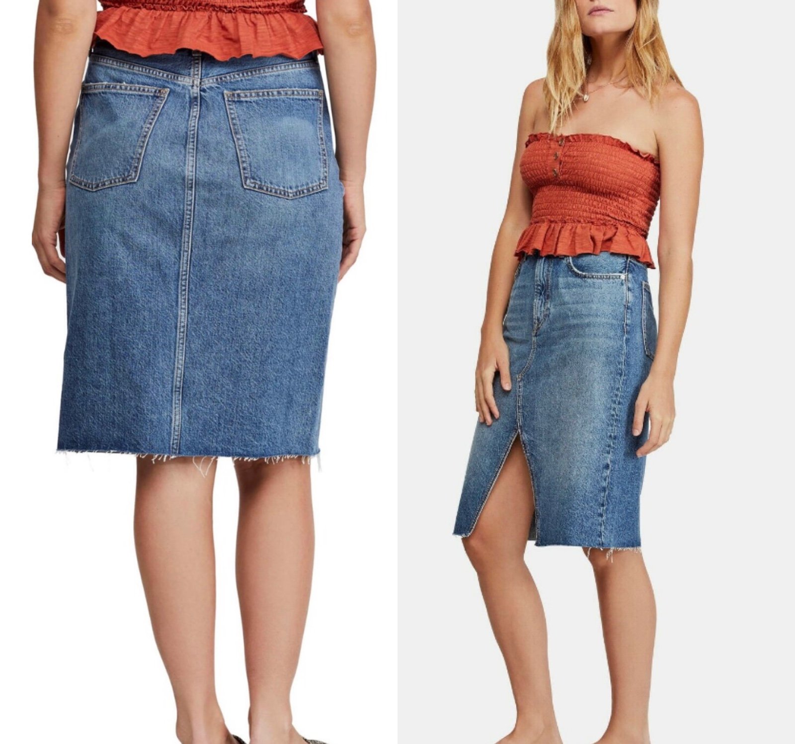 NWT 98 Free People Indigo Denim 5-Pocket Pencil Front Slit Knee Length Skirt 2