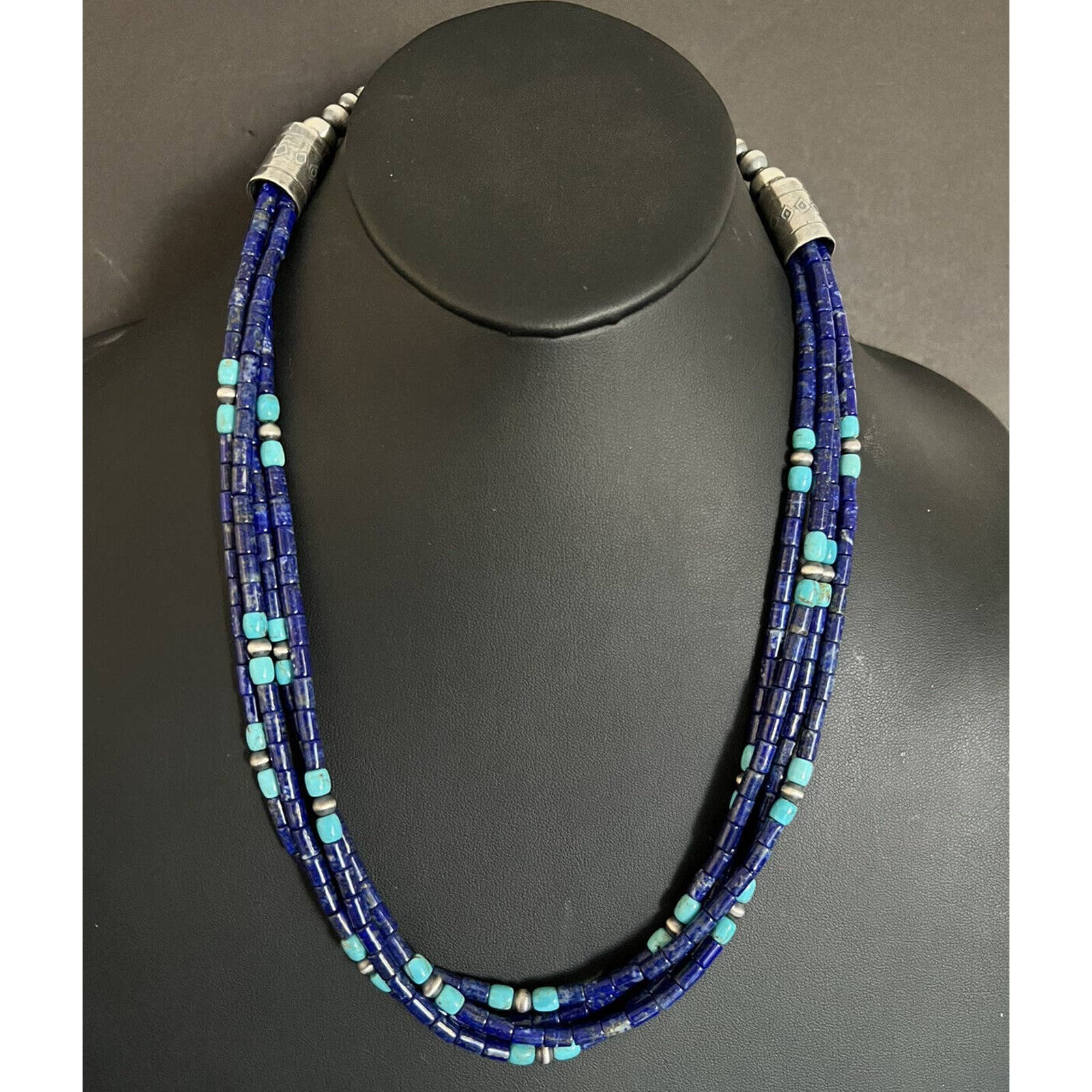 Sterling Silver Multi Strand Lapis Turquoise Pearls Bead Necklace. 24 inch