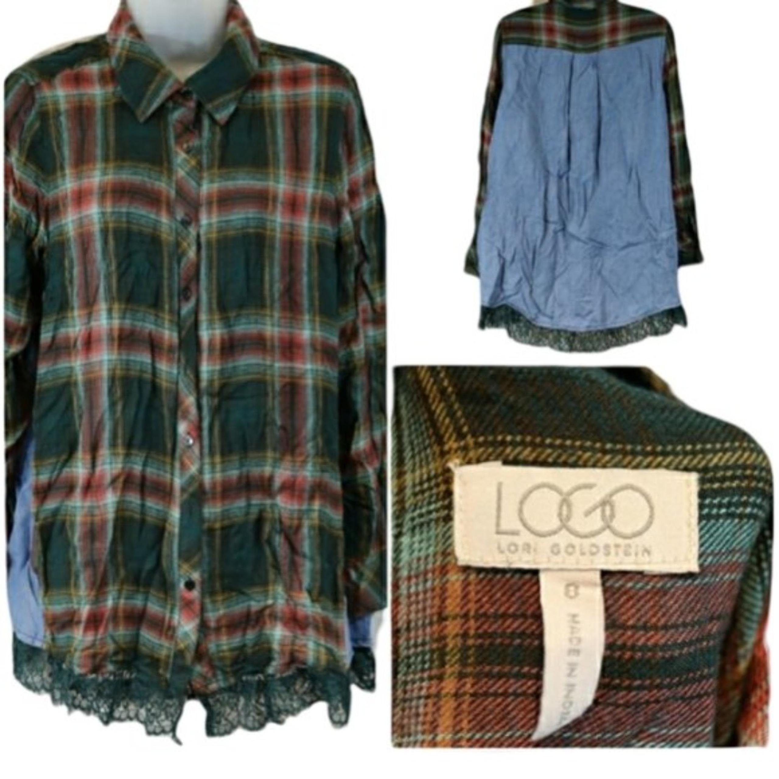 Logo Lori Goldstein Green Plaid Long Sleeve Top Lace Hem 8