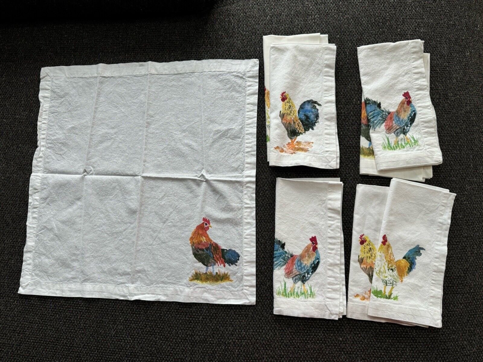 8 Pier 1 White Cotton Dinner Napkin Tea Dish Towel Rooster Cottage Country 20”