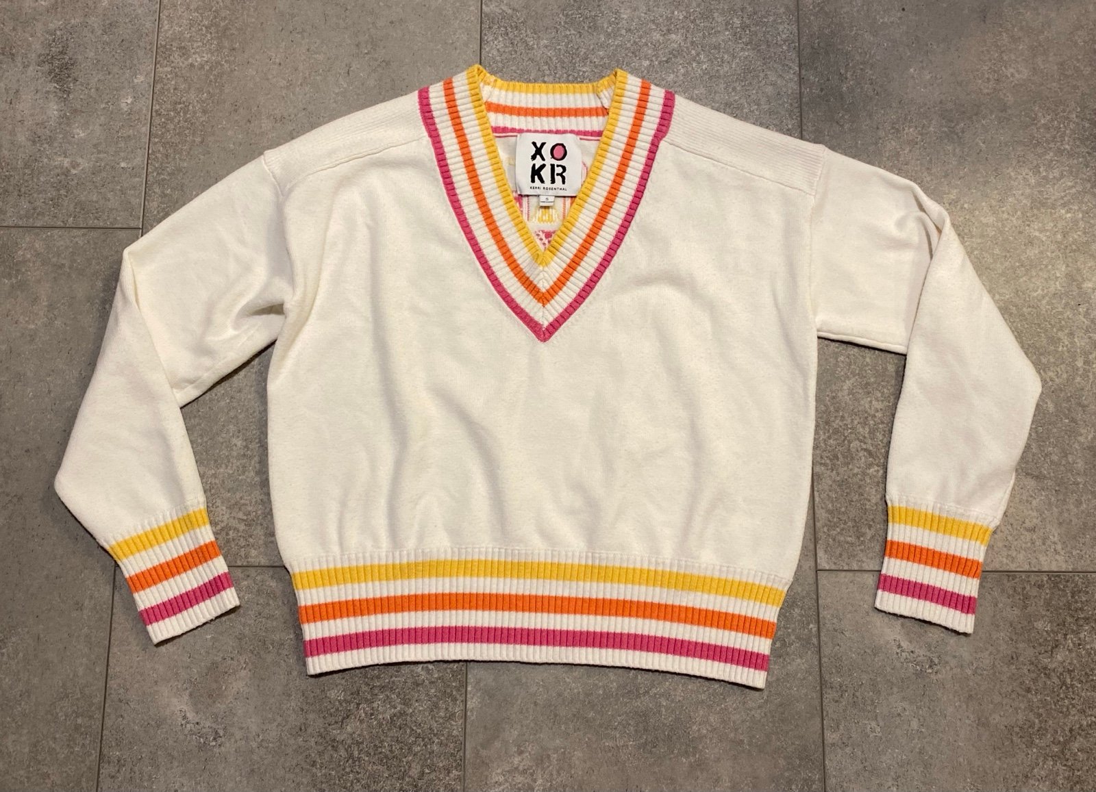 Kerri Rosenthal Get Happy V-Neck Sweater Striped Colorful Soft