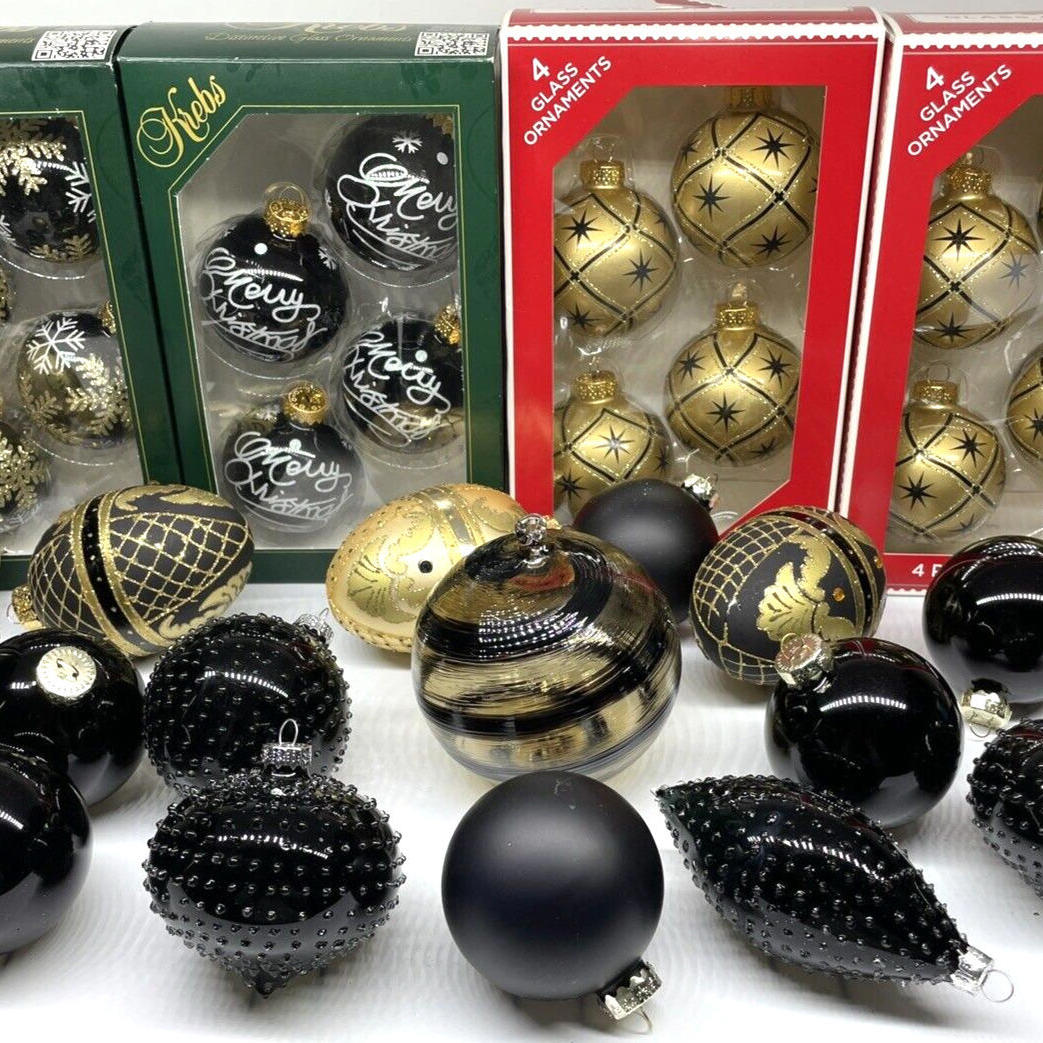 BLACK Gold Blown Glass Christmas Ornaments Shiny Satin HUGE LOT of 33 Krebs