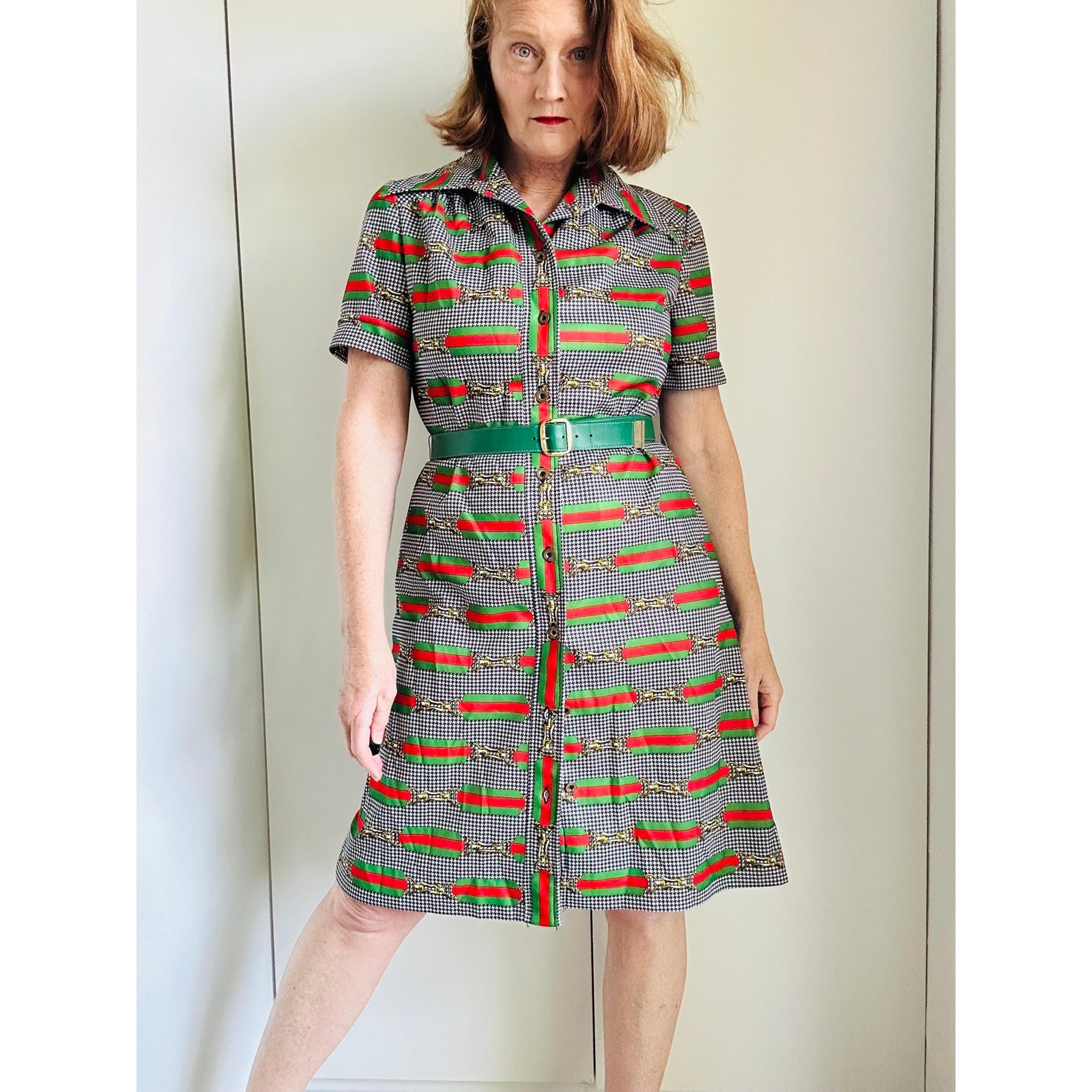 Vintage 60 Mod Style Dress Houndstooth Buckle Design Green/Red Designer Sz M 8