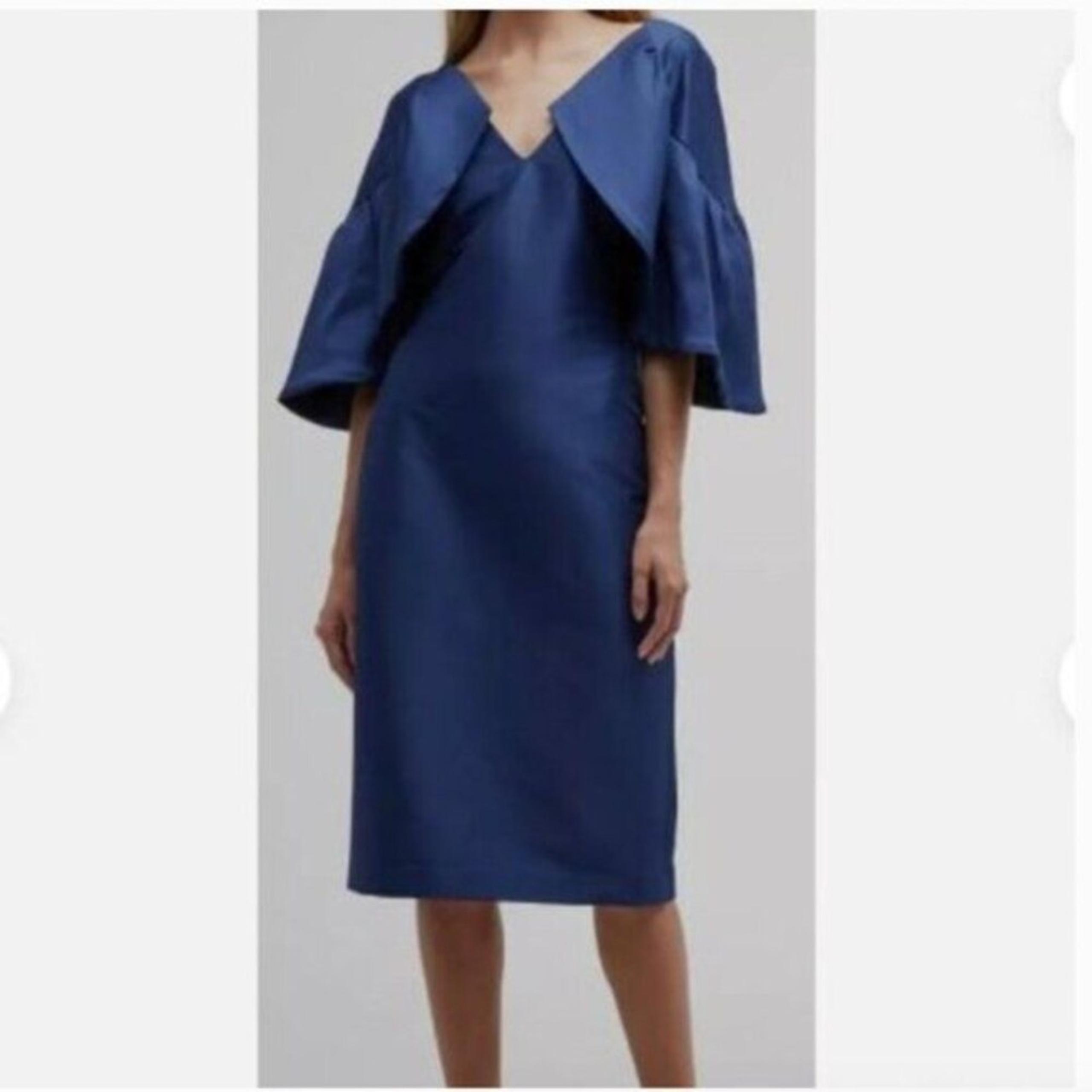 NWT Badgley Mischka Silky Navy Dress with Ruffled Drama Sleeves