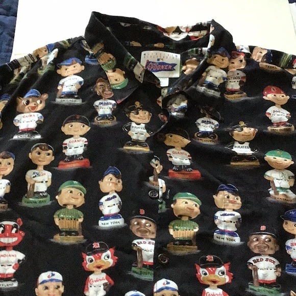 Reyn Spooner MLB Bobblehead Print Hawaiian Shirt XL 100% Spun Rayon Black