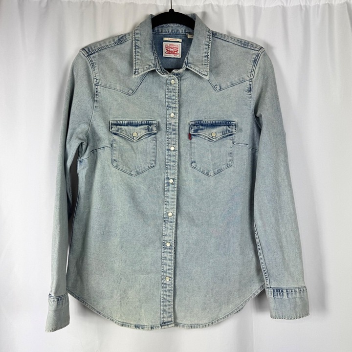 Levi's Classic Fit Pearl Snap Denim Jean Shirt Light Wash Western Ranch Farm S