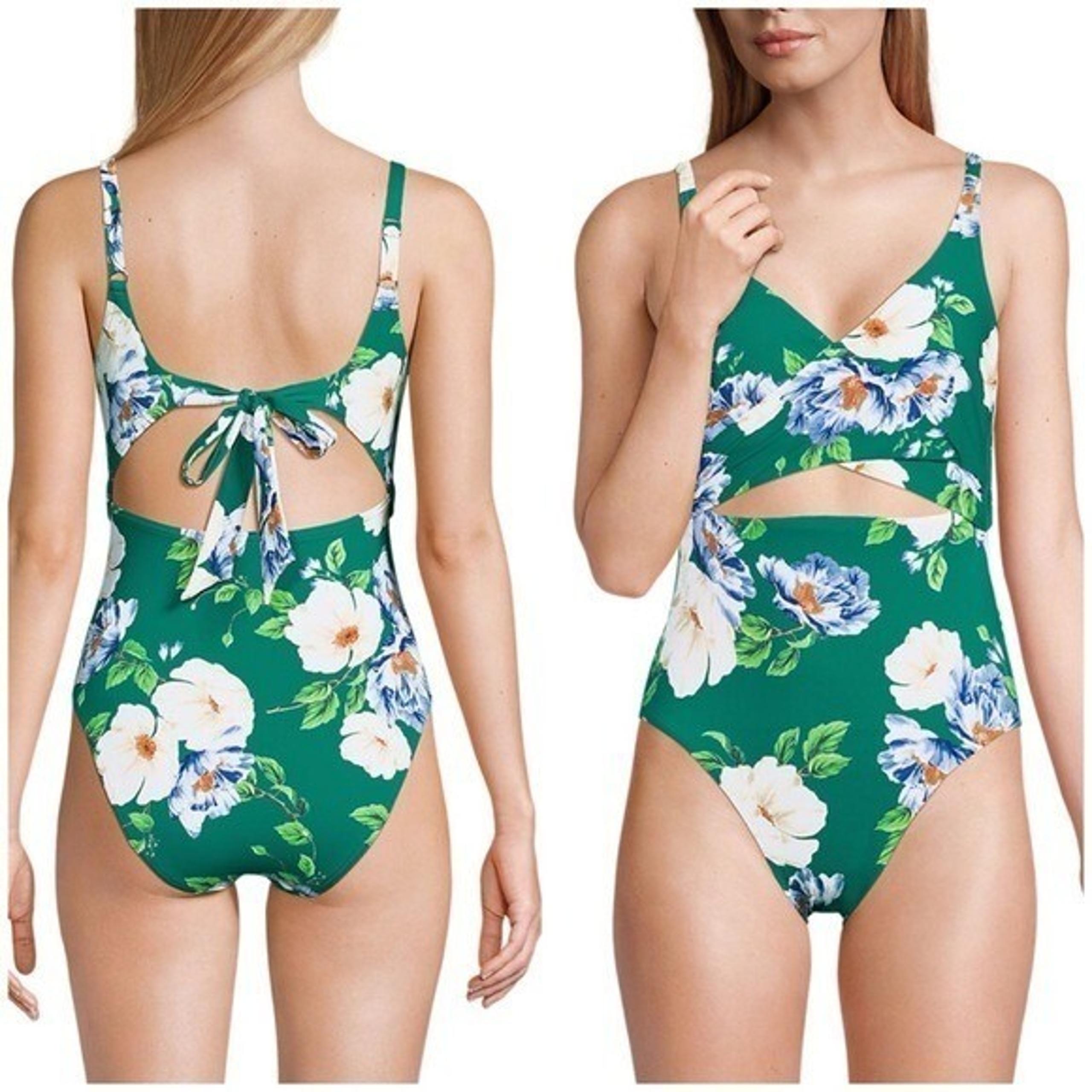 12 Lands' End Monokini high leg Green Floral One Piece Swimsuit
