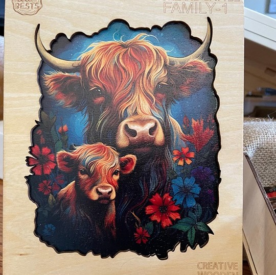 Wooden Puzzles for Adults, Highland Cattle Family Puzzle S, 80pcs, 6.8 x8.5