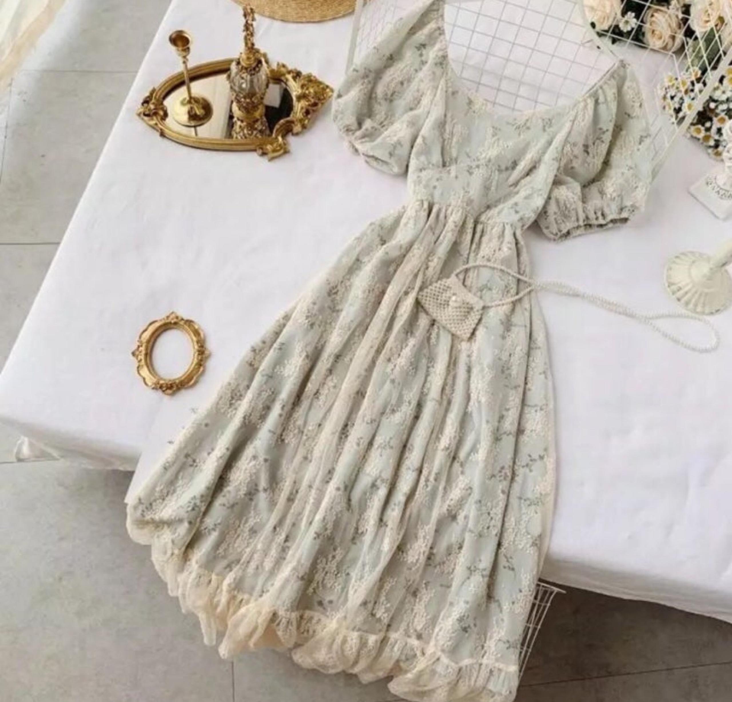 Dress Floral lace combo puff sleeve elegant womens green ruffle
