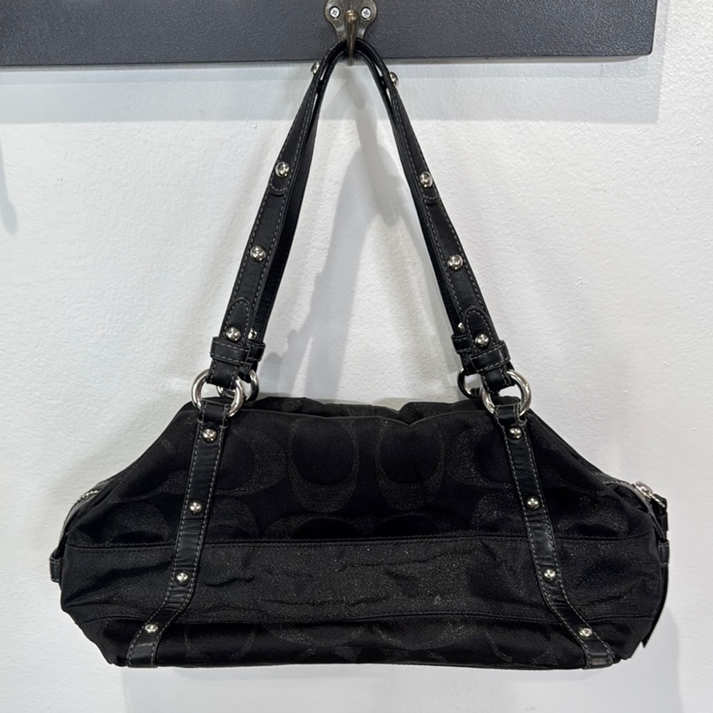Coach Lurex Signature Black Metallic Shoulder Bag Silver Metal Accents Expands