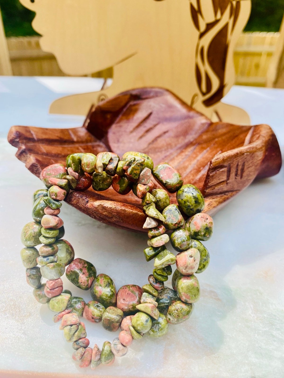 Green & Pink Unakite Jasper Stone of Self Love Nugget & Chip Bracelets 3pcs