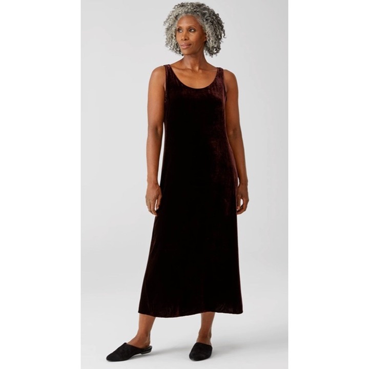 Eileen Fisher Velvet Scoop Neck Midi Dress Burgundy Brown Sz M