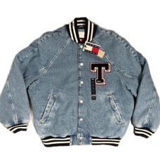 Tommy Jeans Hilfiger Women's Denim Snap-Front Cotton Letterman Jacket Large 239