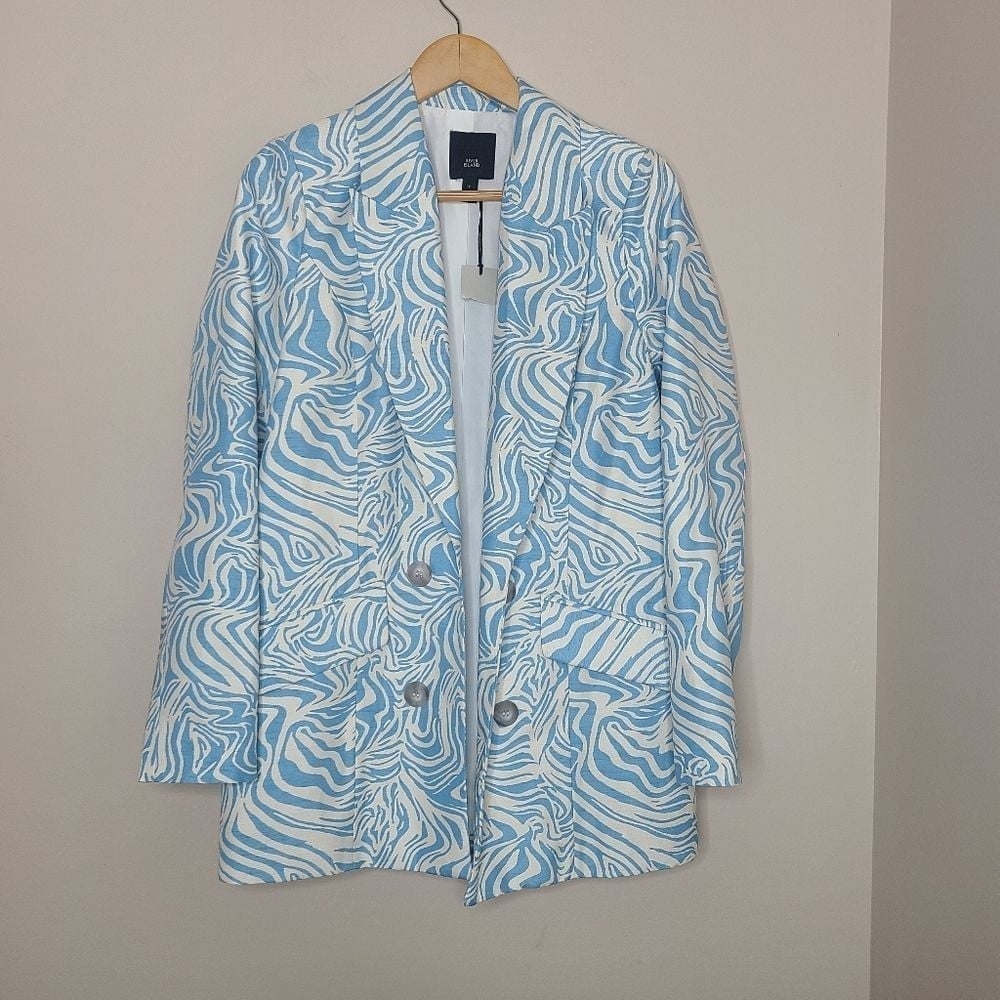River Island Blue Tiger Print Blazer Jacket Retro Light Romance Size 6