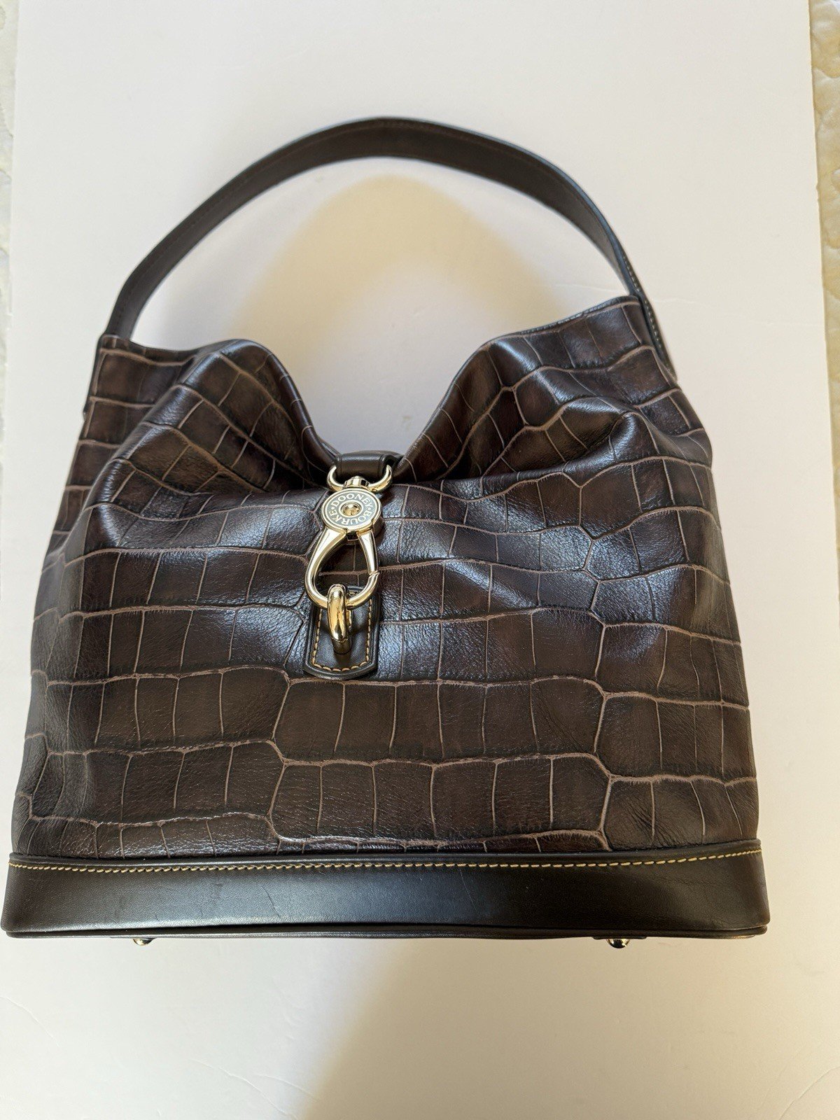 Dooney & Bourke Brown Croc Embossed Leather Hobo Shoulder Bag Purse Tote