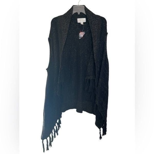 Avenue Black/Gold Metallic Sleeveless Boho Longline Fringe Open Cardigan 14/16