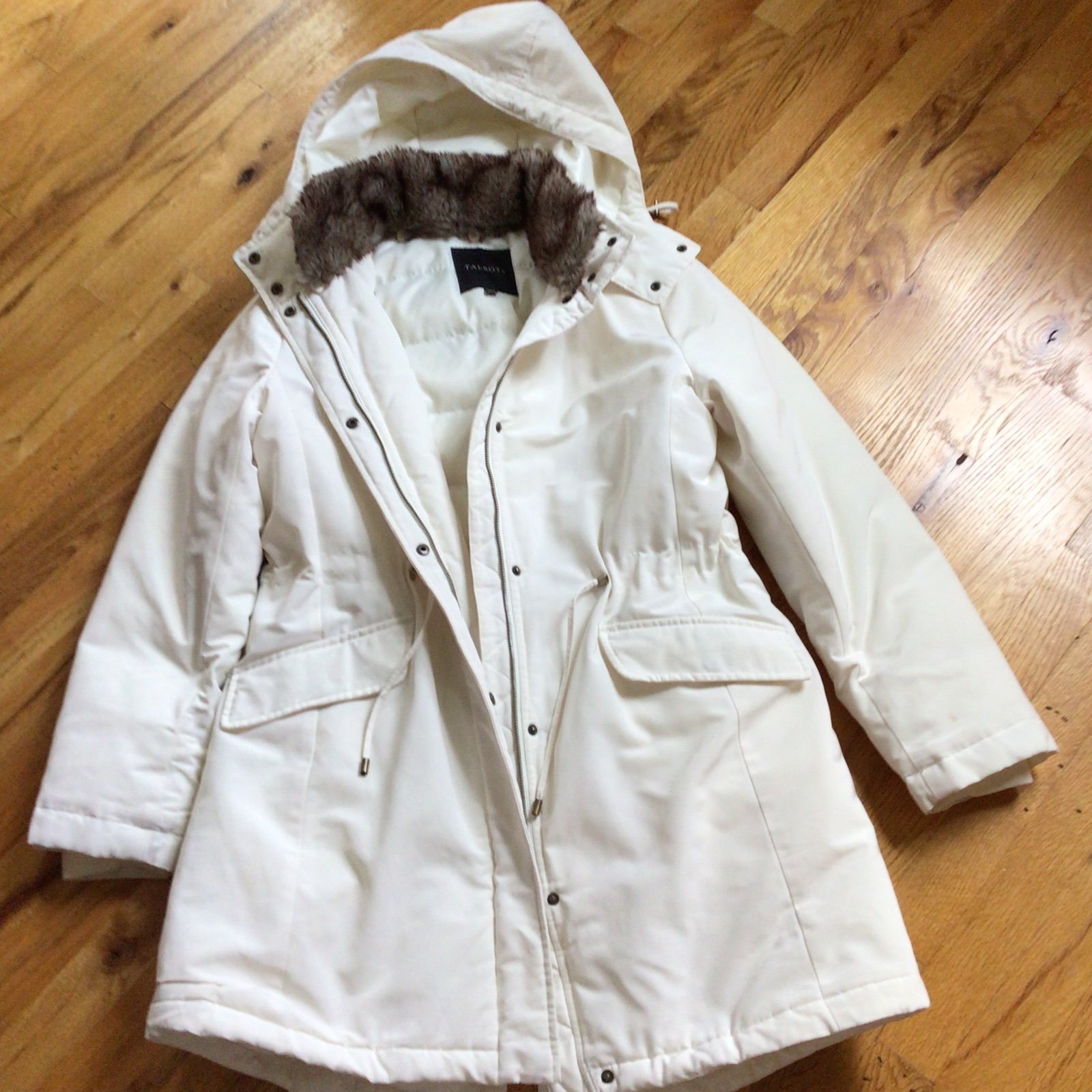 TALBOTS DOWN FILLED MID LENGTH FUR COLLAR HOODED COAT SZ M