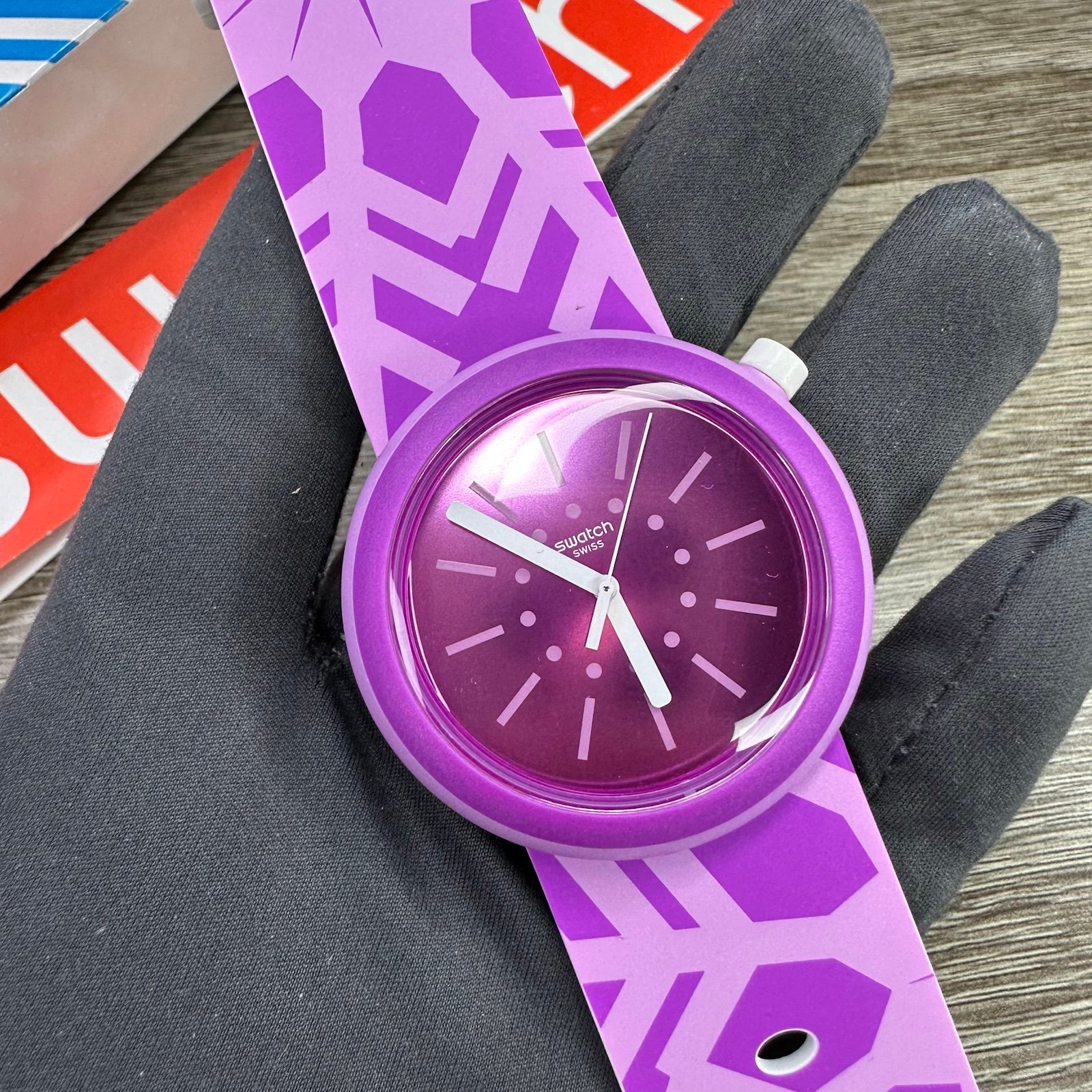 NEW✅ Swatch Pop FLOCPOP Graphics Purple And Pink Silicone Women's Watch PNP102