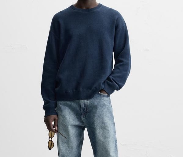 Zara Navy Blue Casual Solid Color Cotton Blend Sweatshirt