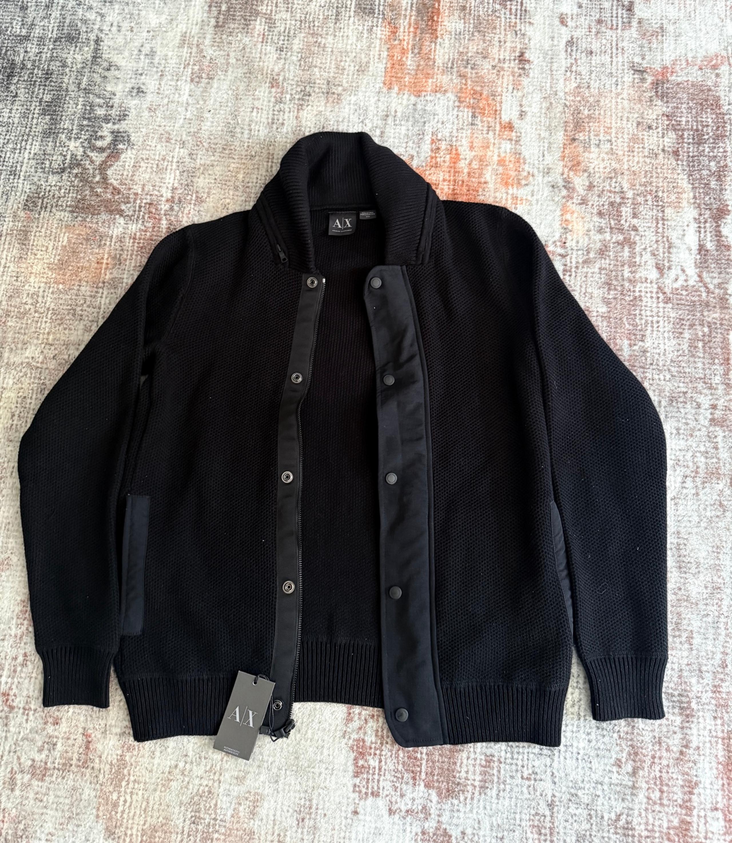Armani Exchange Black Knitted Button Up Bomber Jacket NWT Men Medium Pockets