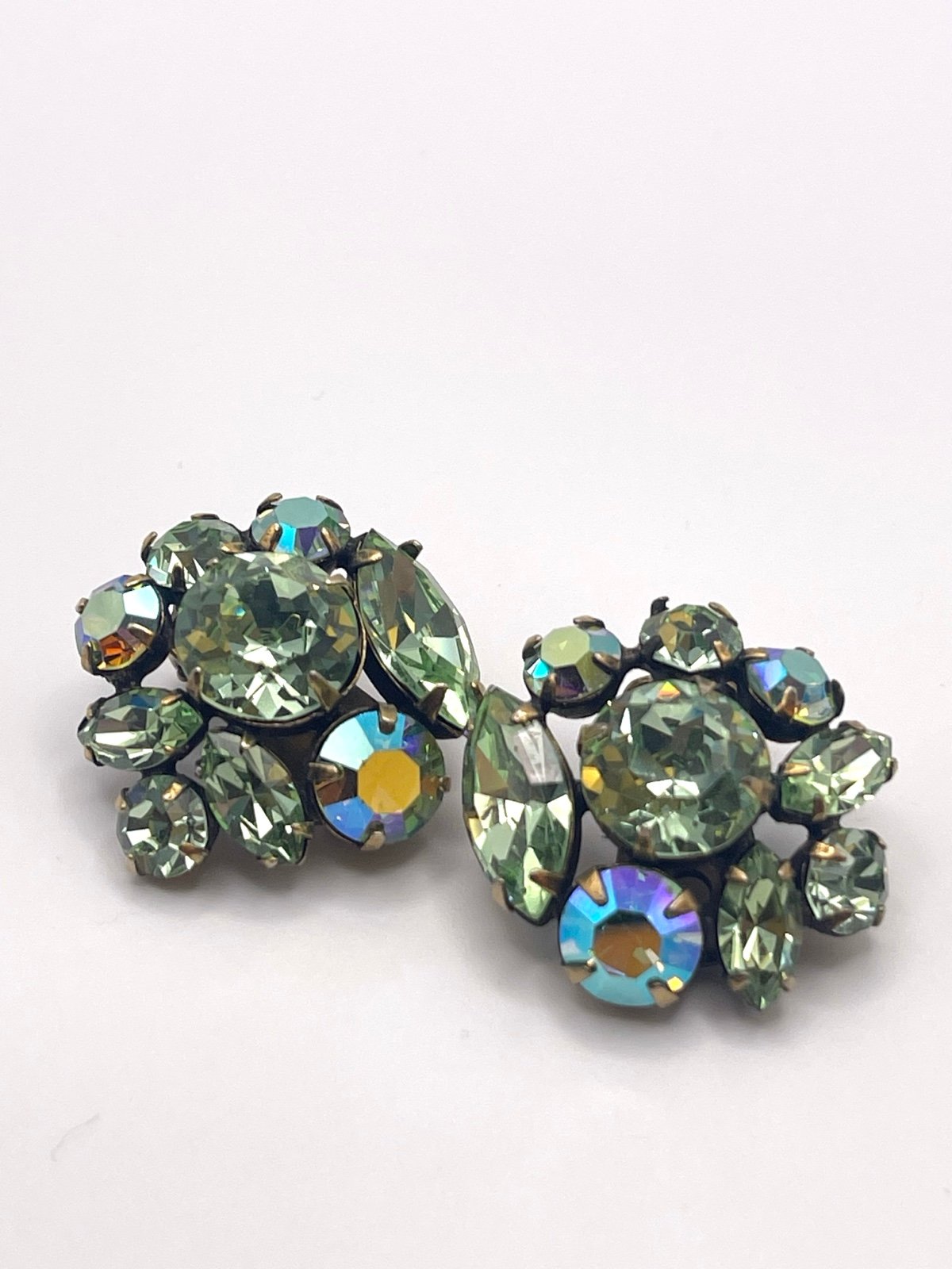 Vintage 40’s Uranium Glass and Green Aurora Borealis Clip On Earrings