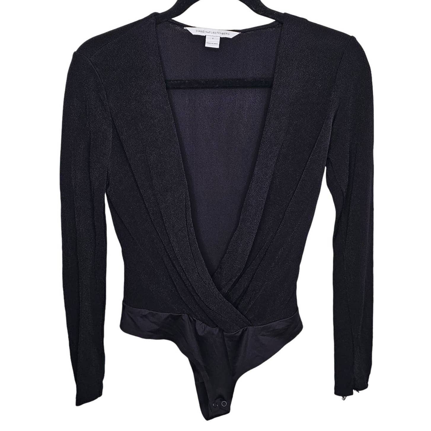 Duane Von Furstenberg Lala Black Bodysuit Sz 6 V-Neck Long Sleeve DVF