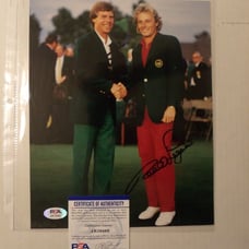 BEN CRENSHAW BERNHARD LANGER DUAL SIGNED MASTERS GREEN JACKET COLOR 8X10 PSA