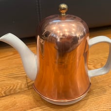 Vintage ceramic tea pot with insulated copper top in excellent condition