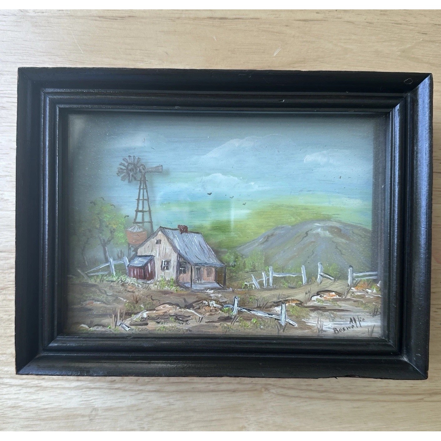 VTG Allie Boswell Oil Painting 3D Texas Barn Windmill Country Scene 8 x 6 x 2