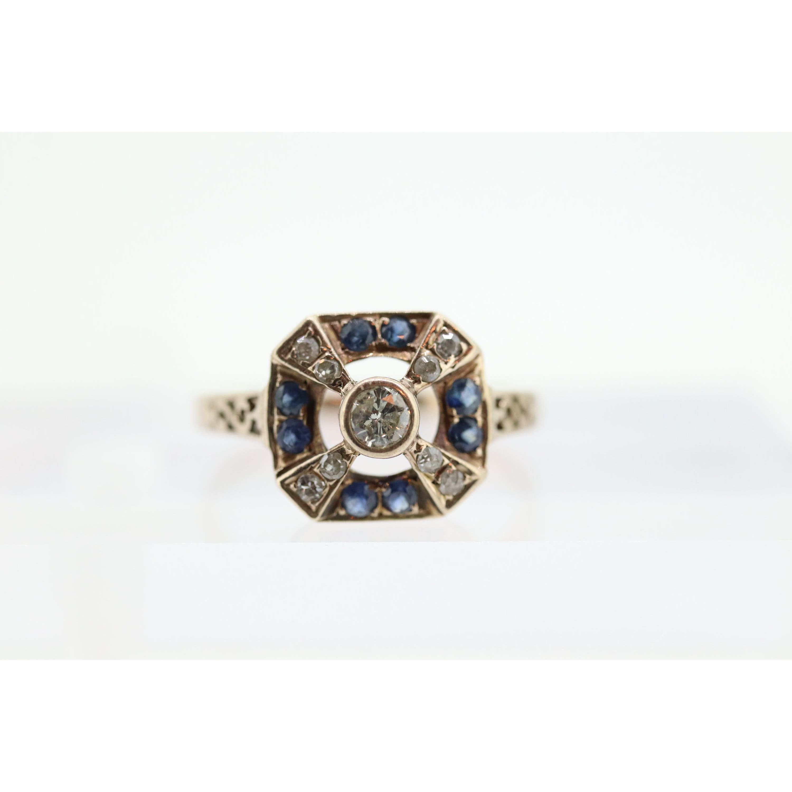 Antique ring. 10k diamond and sapphire shield ring. 10k White Gold Art Deco Squ